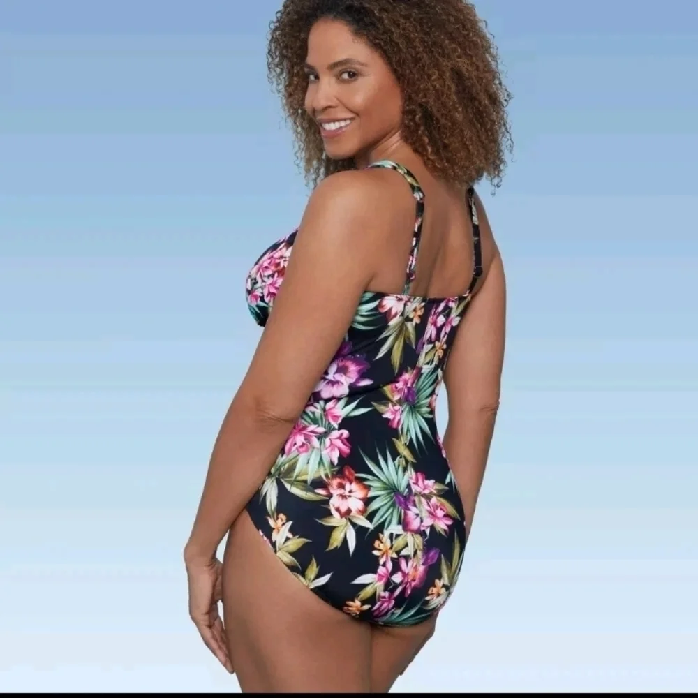Aqua Green Women's UPF 50 V Neck Ruched Shaping Swimsuit Black Floral Size 10